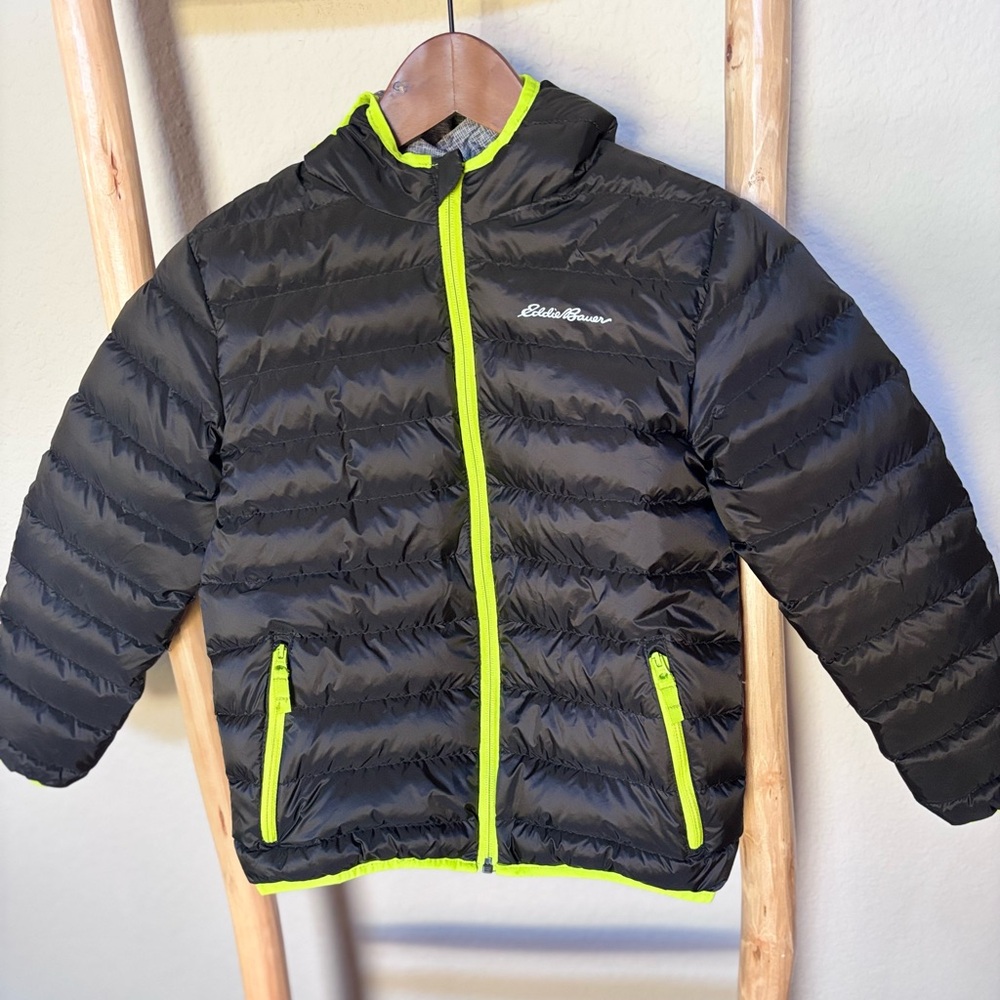 Eddie Bauer Kids Hooded Down Puffer Jacket Youth S Black Neon Green Full Zip